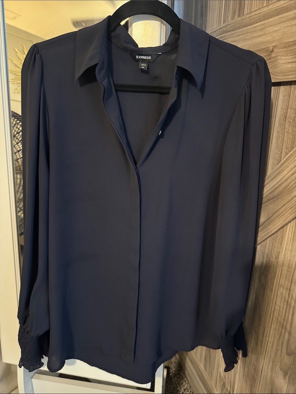 Express Navy Button-Front Long-Sleeve Blouse